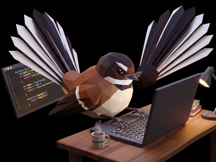 Low-poly pīwakawaka with tail fanned, coding on a laptop