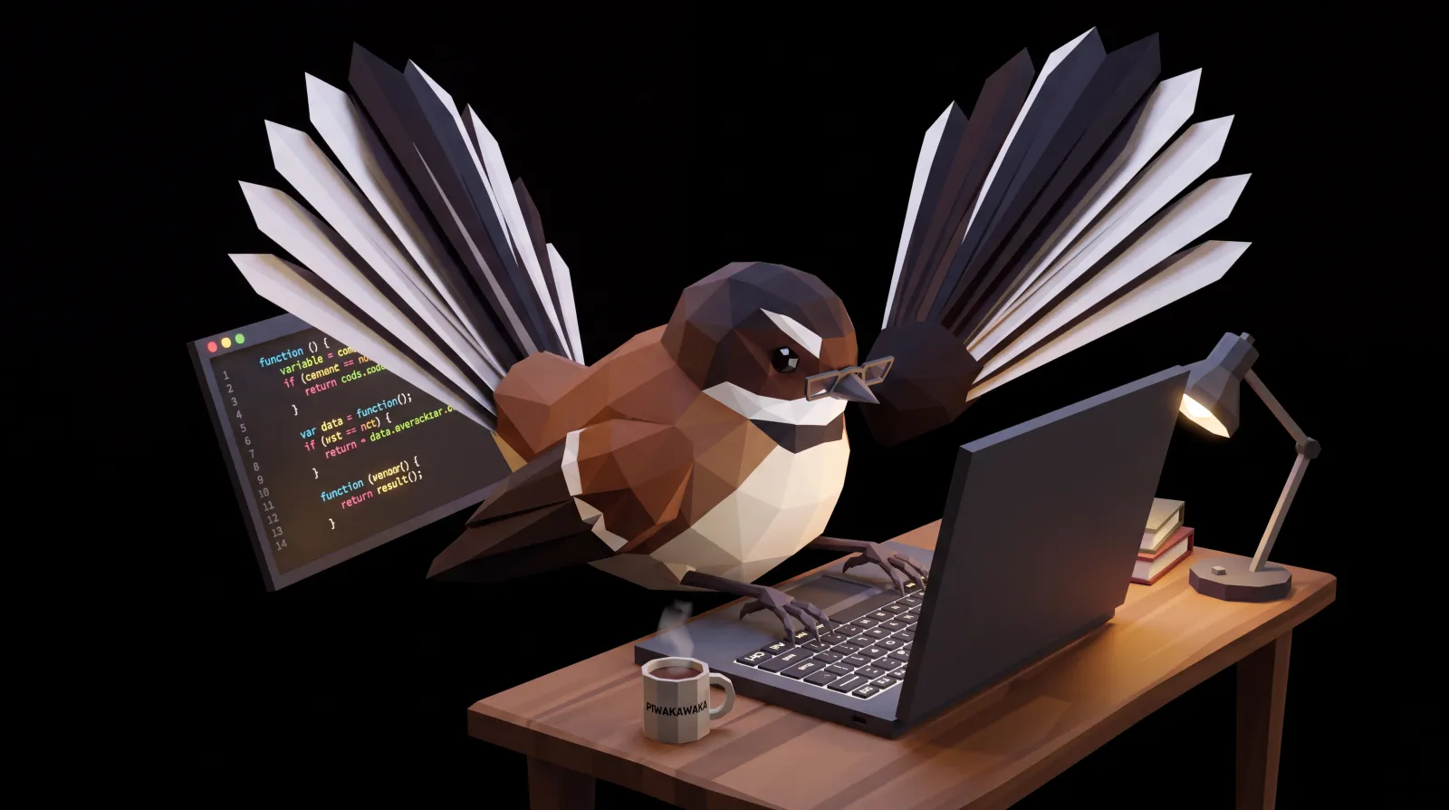 Low-poly pīwakawaka with tail fanned, coding on a laptop