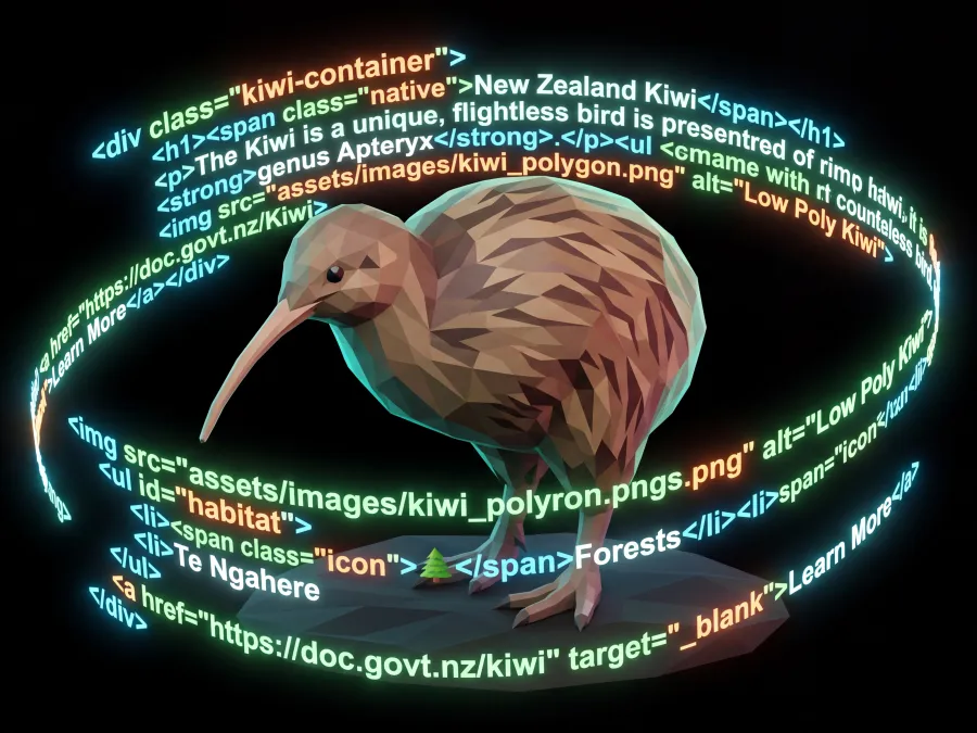 Low-poly kiwi surrounded by a glowing ring of website code