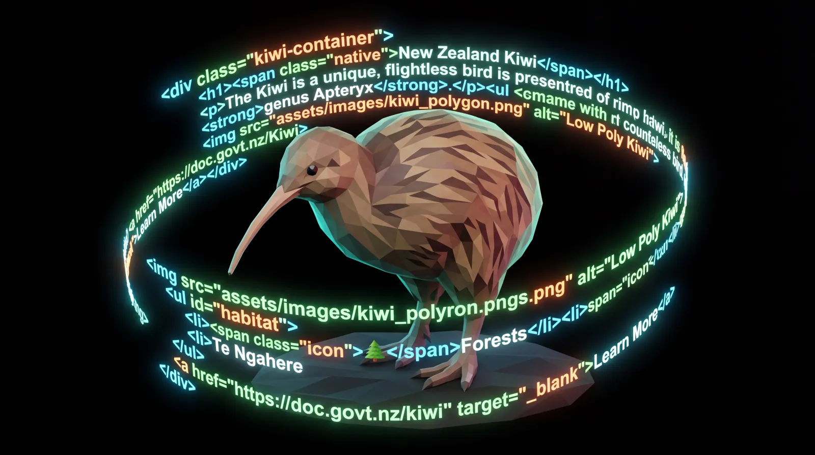 Low-poly kiwi surrounded by a glowing ring of website code
