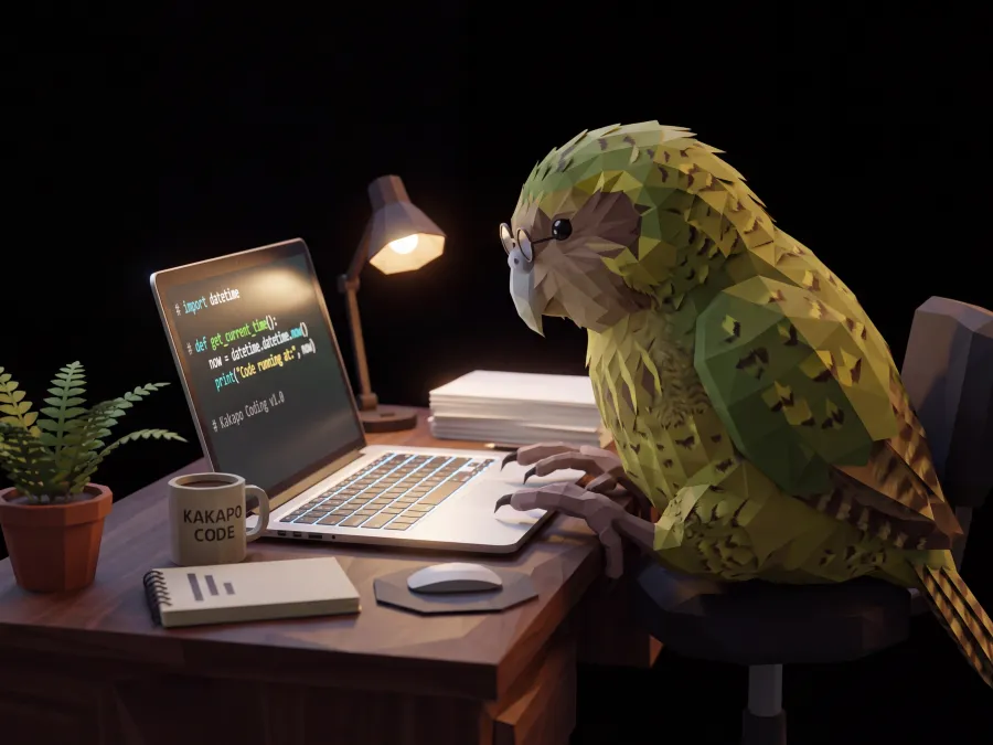 Low-poly kākāpō working at a laptop on a desk at night