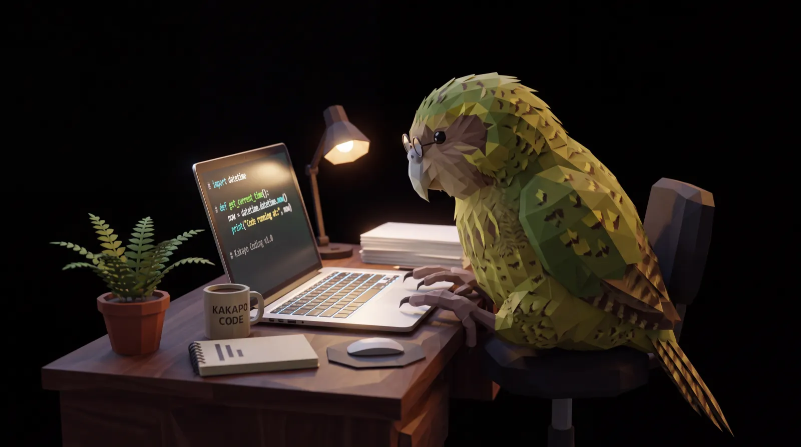 Low-poly kākāpō working at a laptop on a desk at night