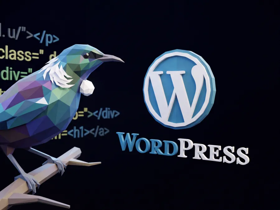 Low-poly tūī beside the WordPress logo and lines of website code