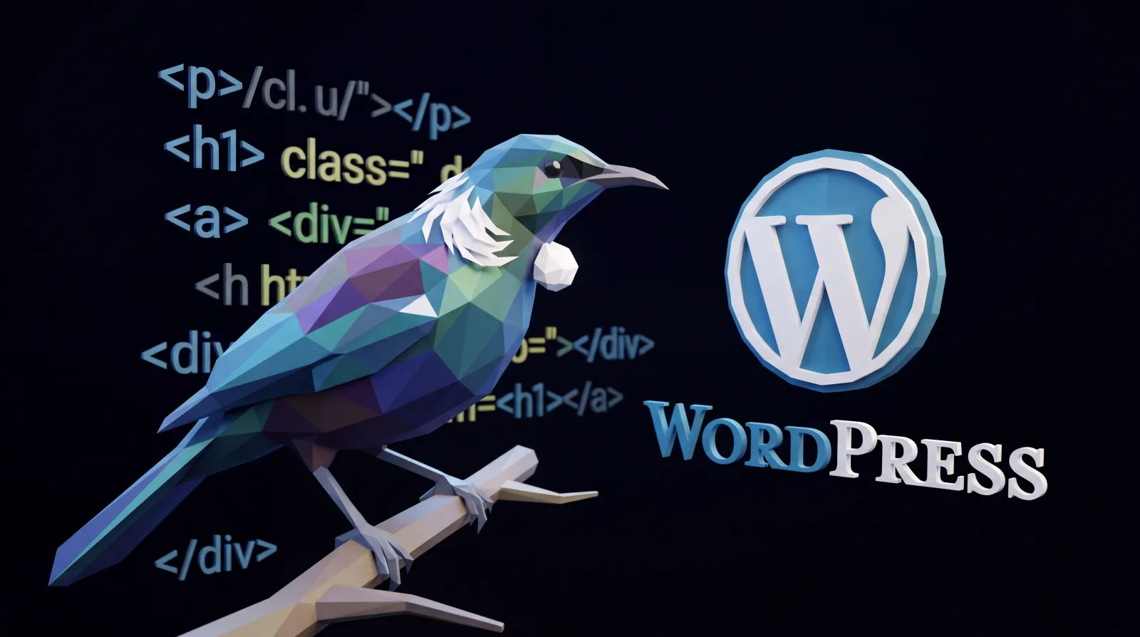 Low-poly tūī beside the WordPress logo and lines of website code