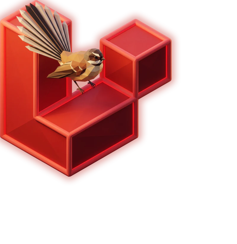 Low-poly piwakawaka perched on the Laravel logo