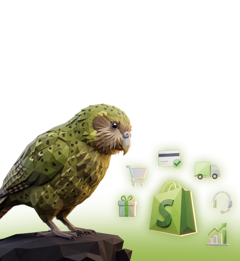 Low-poly kakapo beside the Shopify logo and commerce icons