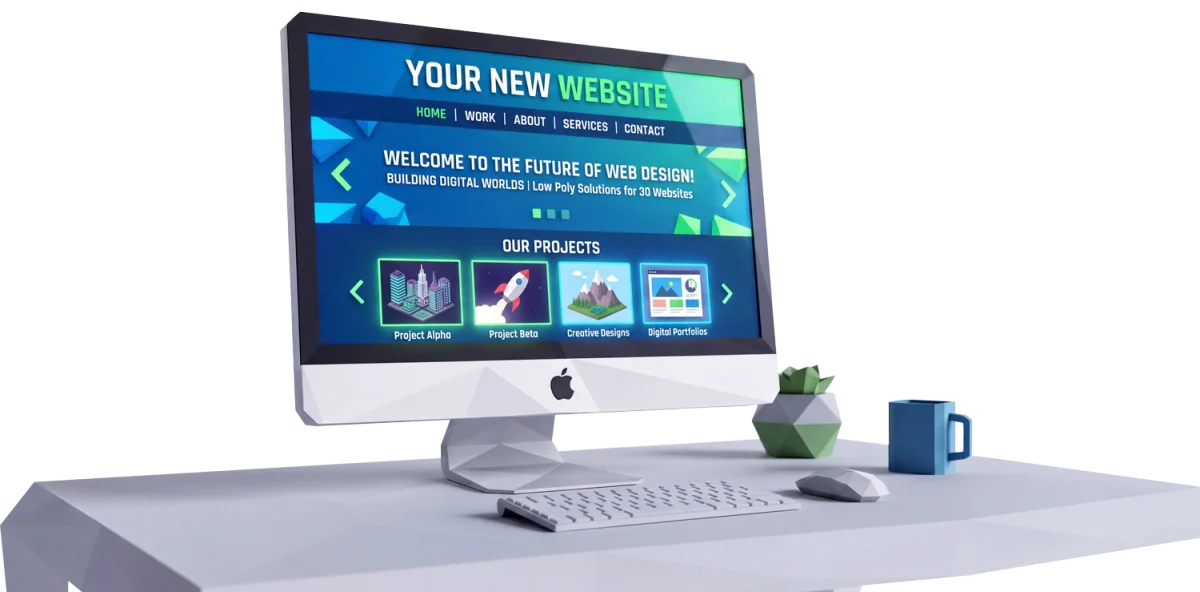 Low-poly desk with a computer showing a new website